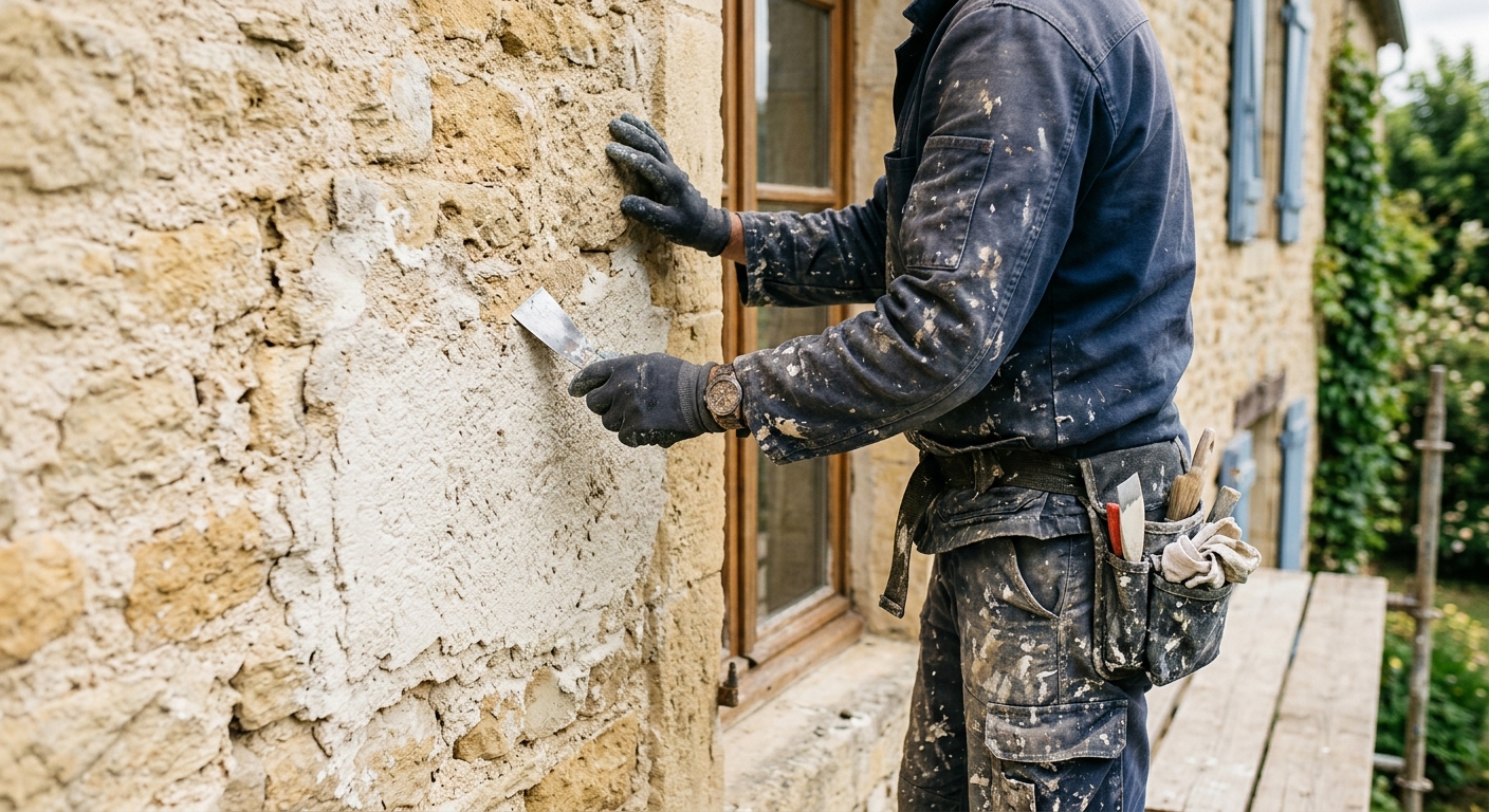 Artisan peintre analysant l'humidit&eacute; d'un mur ext&eacute;rieur