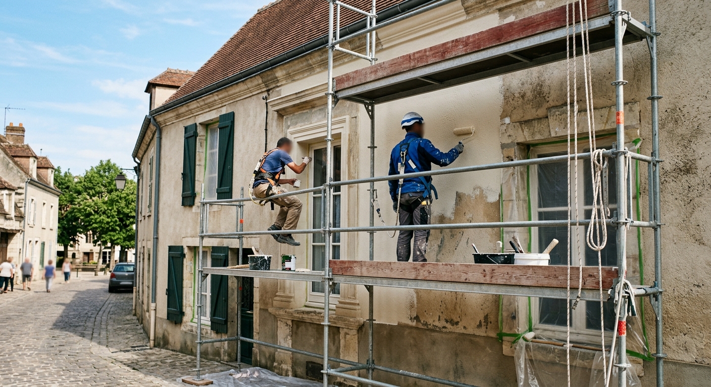 &Eacute;quipe de peintres professionnels sur &eacute;chafaudage