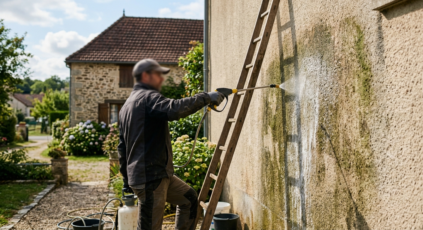 Artisan façadier réalisant un nettoyage à basse pression